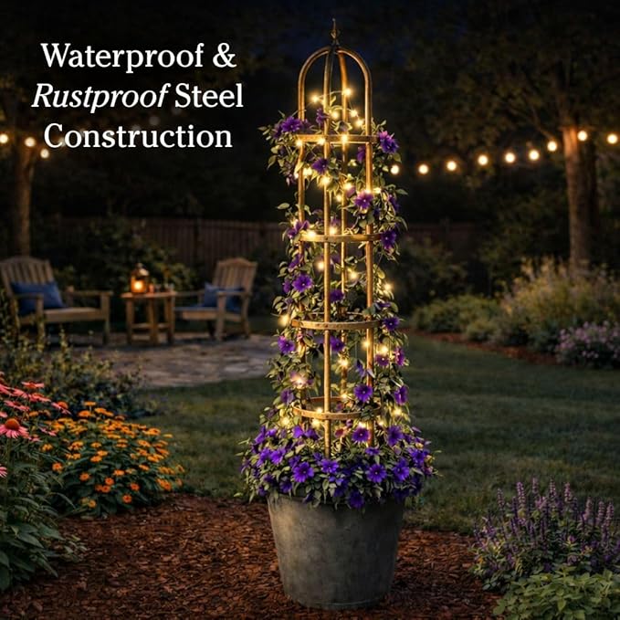 Plow &amp Hearth Metal Garden Plant Obelisk | Indoor &amp Outdoor Safe | Powder-Coated Steel Cast Iron Finial | Trellis for Climbing Planters | Stamped Floral Pattern | 14 Dia. x 8'H (Antique Coppe