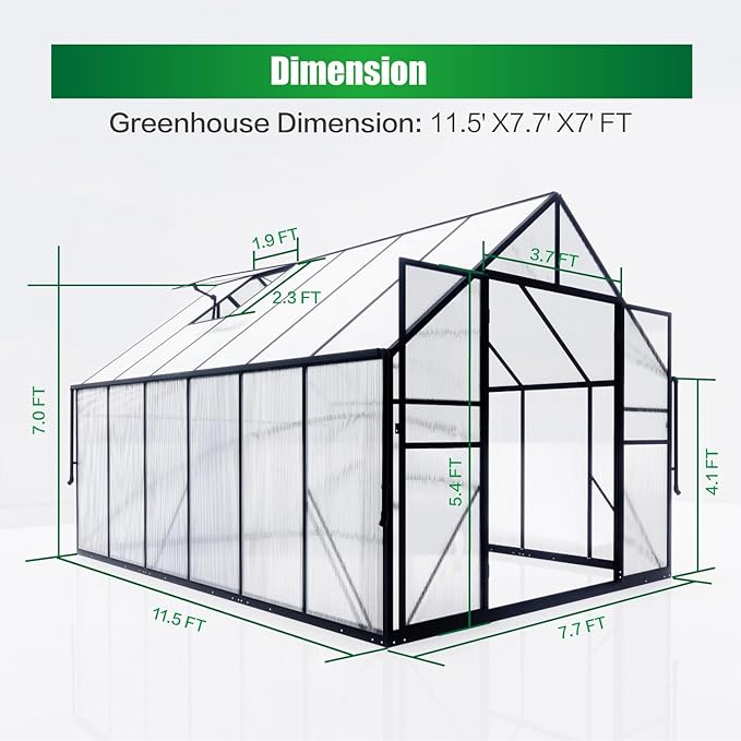 8x12 FT Greenhouse for Outdoors Polycarbonate Green House with Adjustable Roof Vent and Rain Gutter Aluminum Large Walk-in Greenhouse with Quick Setup Structure for Outside Garden Backyard Patio