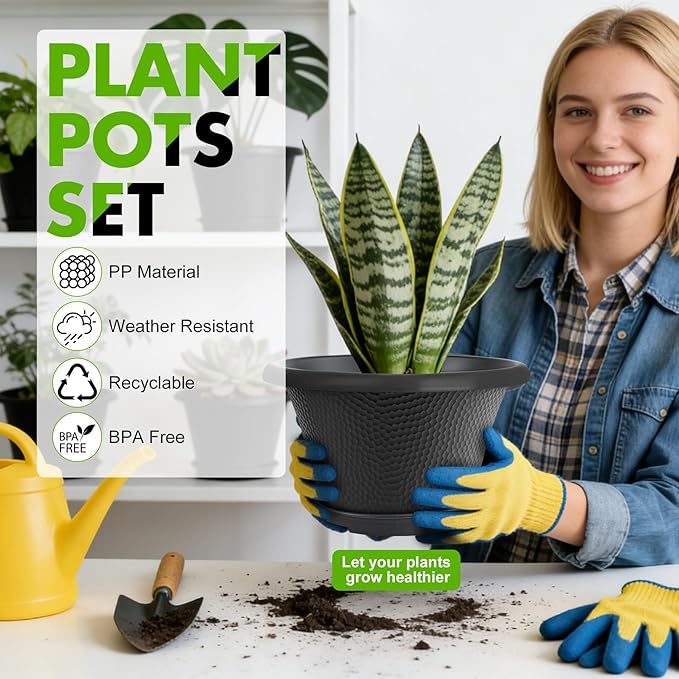 Quarut 12 Inch Pots for Plants4 Pack Large Flower Pots with Drainage Hole &amp SaucerModern Planters for Indoor Outdoor PlantsDecorative Resin Garden Pots Black