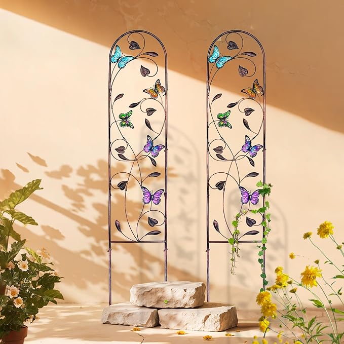 aboxoo Set of 2 Packs Butterfly Metal Garden Trellis for Climbing PlantsOutdoor Decorative Flowers Arch Fence Trellis for Outdoor PatioGardenLawnYardBackyardWall Brackets60'' H x 11'' W