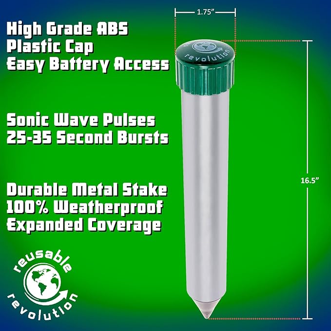 4 Pack Sonic Mole Chaser - Battery Operated Pest Repeller Stake Scares Away Moles Voles Gophers and Rats by GreenLighting (Metal &amp Green)