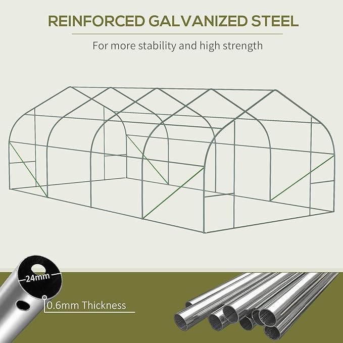 Outsunny 20' x 10' x 7' Walk-in Greenhouse Tunnel Green House with Galvanized Steel Frame Hoop House Kit with Zippered Door and 6 Windows White