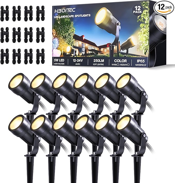 HIBOITEC 12 Pack Low Voltage Landscape Lighting 5W LED Landscape Spotlights with Fastlock Connectors 2900K Warm White 12-24V AC/DC Outdoor Waterproof Spot Light for Trees Yard &amp WallsCRI92+