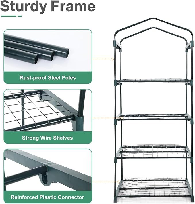 Aoodor 27x19x63 Inch 4 Tier Upgrade Greenhouse with Protective PE/PVC Base for Tidier and Cleaner Indoor Outdoor Gardening on The Deck Patio or Backyard Green