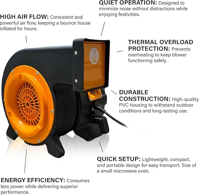 JumpOrange Bounce House Air Blower 1.5HP for Inflatables Bouncy Castle and Slides Commercial Cyclone Fan for Indoor and Outdoor Use