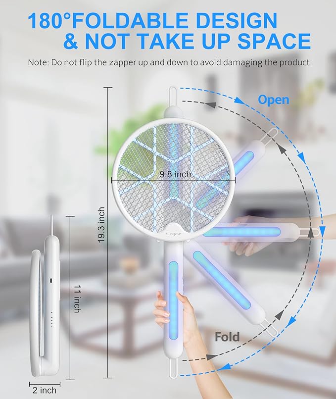 Electric Fly Swatter Foldable Bug Zapper Racket 3500Volt Mosquito Killer Electronic Fly Zapper w/Purple Light Attractant for Home Indoor Outdoor Large Size White