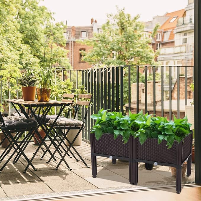 Raised Garden Bed with Legs Outdoor Plastic Elevated Planter Box Free Splicing Growing Bed with Rattan Pattern &amp Drainage Holes for Vegetables Herbs and Flowers Brown 2 Sets