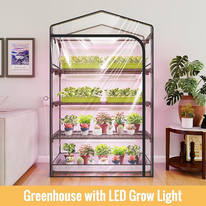 Indoor Greenhouse with Grow Light 4-Tier Plant Shelf with T5 1.6FT 32W Full Spectrum LED Grow Light for Seed Starting Succulent Settable Timer Socket 39 L x 19 W x 64 H