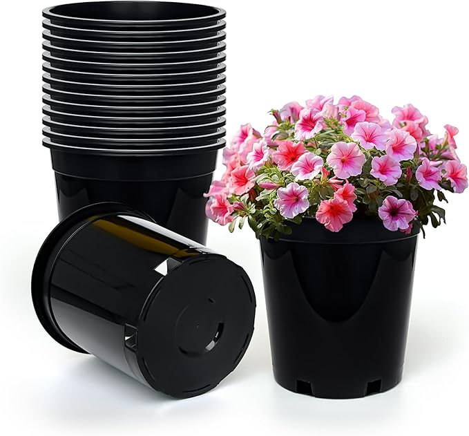 1.5 Gallon Plastic Nursery Pots 7.5 Inch Round Plant Pots with Drainage Holes 15 Pack Flower Pots for Outdoor Indoor Plants Flowers Gardening Gifts for Women Black