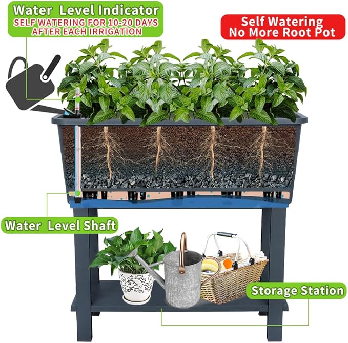 3 Pcs Self Watering Elevated Raised Garden Bed Large Outdoor Plastic Planter Box Big Flower Plant Pot for Planting Flowers Vegetables and Herbs (3 Dark Grey)
