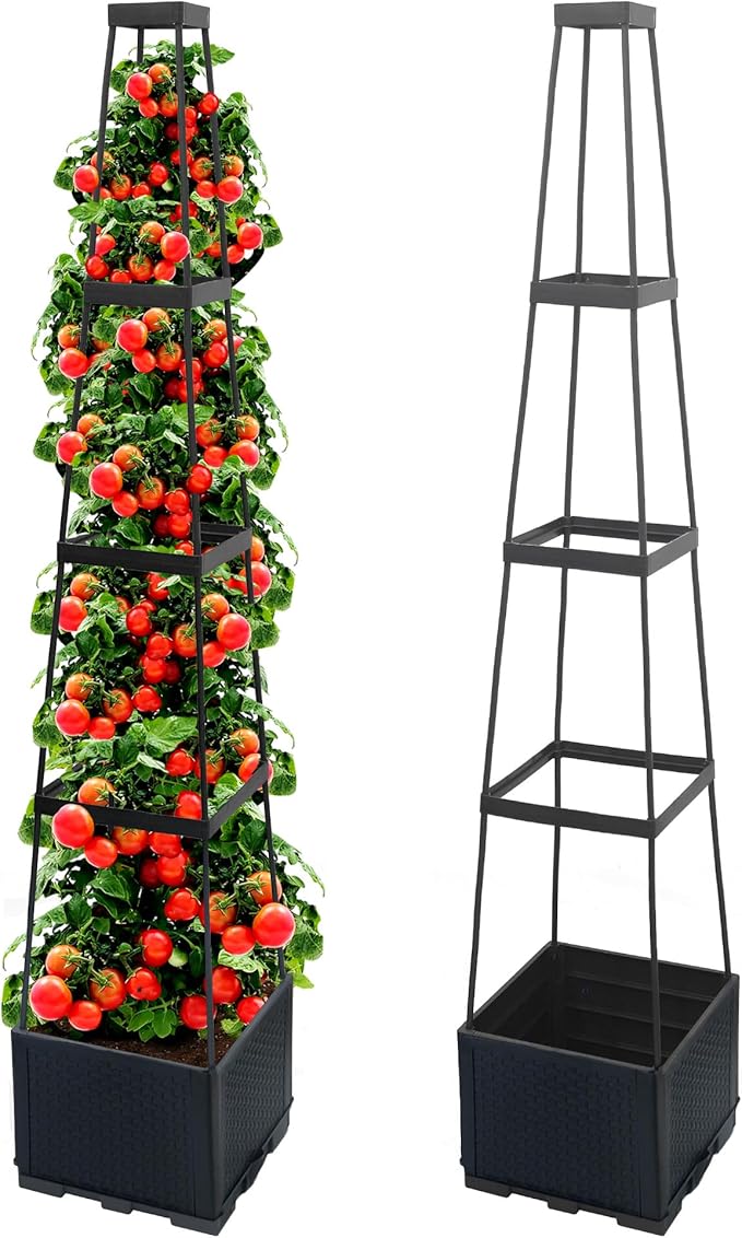 2 Packs Raised Garden Bed Tomato Planter Box with Trellis56.8 Self-Watering Tomato Cage with Trapezoidal Trellis for Climbing Plants Flowers Vegetables Vine in Patio Garden Indoor Outdoor