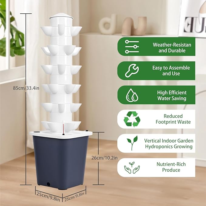 Vertical Hydroponics Garden TowerGrowing Systemwith 10L Tank6 LayersAutomatic Wateringfor Home Indoor Gardening (Black)