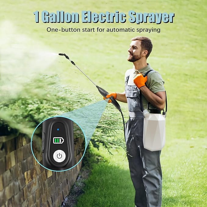 Battery Powered Garden Sprayer 1 Gallon Electric Sprayer in Lawn with USB Rechargeable Handle Retractable Wand 3 Mist Nozzles Yard Water Pump Sprayers with Adjustable Shoulder Strap for Gardening