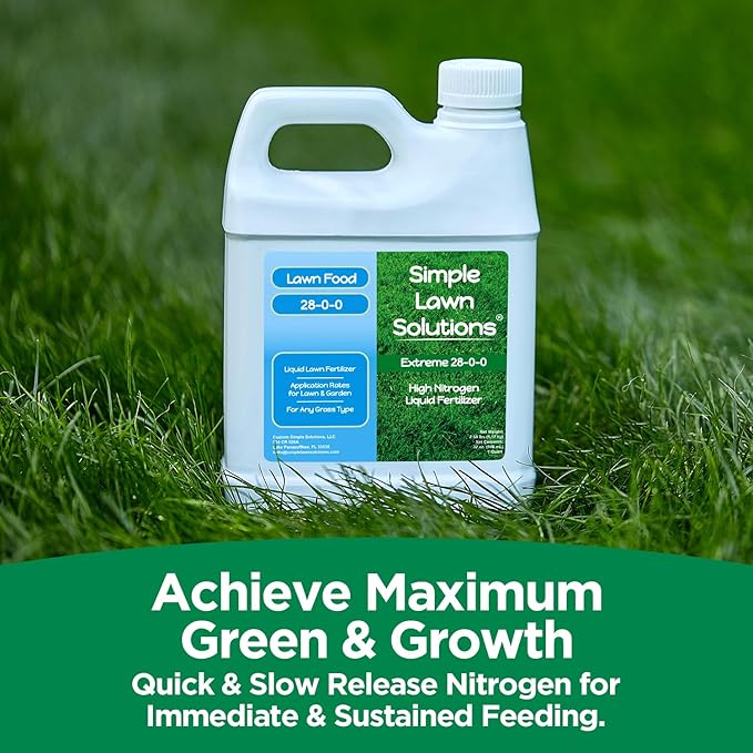Maximum Green &amp Growth- High Nitrogen 28-0-0 NPK- Lawn Food Quality Liquid Fertilizer- Spring &amp Summer- Any Grass Type- Simple Lawn Solutions - Concentrated Quick &amp Slow Release Blend (1 Q