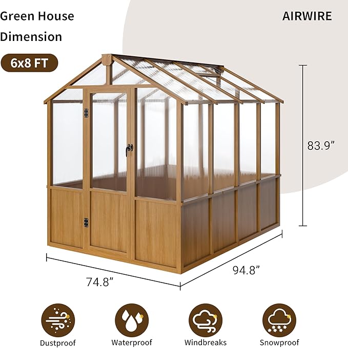 6x8 FT Wooden Greenhouse with Cedar Frame Walk-in Heavy Duty Green House for Outdoors with 6MM Thick Polycarbonate Panel and Adjustable Roof Vents Garden Backyard Patio Lawn Wood Colour