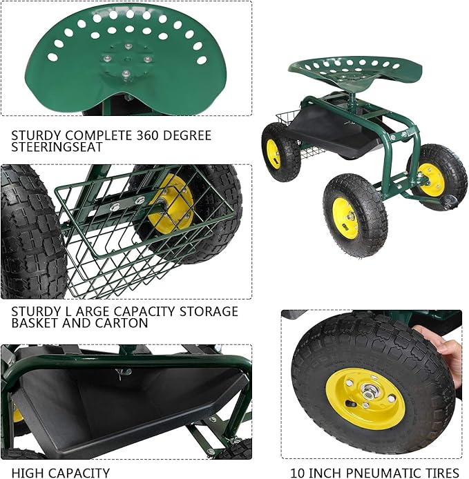 Garden Cart with Seat Rolling Garden Seat with steerable Front Wheels Tool Tray and Storage Basket NO Handle Garden Patio Wagon Scooter for Planting Indigo