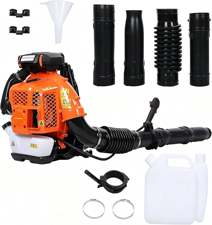 Backpack Leaf Blower 80CC 2 Stroke Gas Powered Backpack Leaf Blower 3.2KW High Power for Blowing Leaf Cleaning Dust with 2.3L Fuel Tank Adjustable Offset Handle Ergonomic Harness System 900CFM
