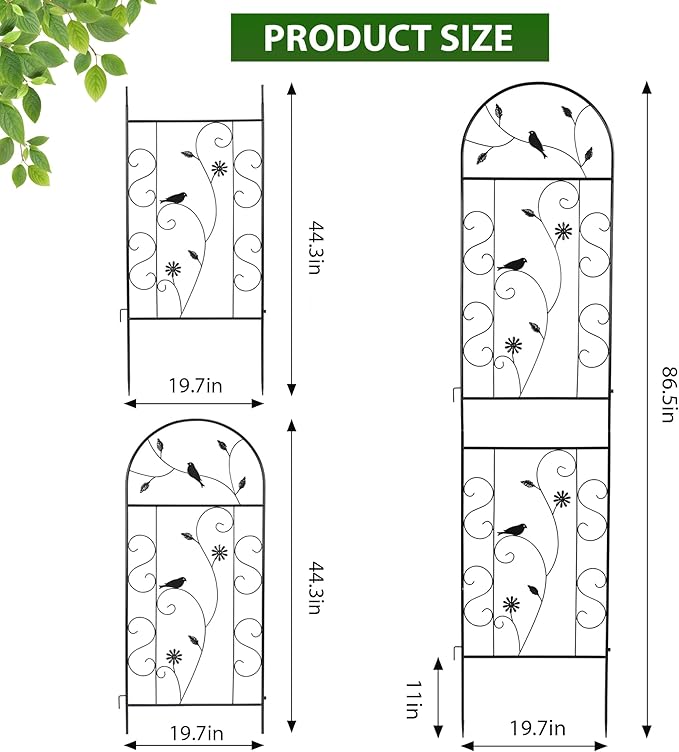 Metal Garden Trellis for Climbing Plants 2 Pack 86.5 x 19.7 Black Plant Trellis Outdoor Clematis Rrellis Outdoor Arched Decoration Suitable for lawns Gard