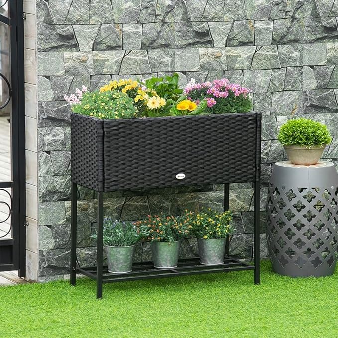 Outsunny Raised Garden Bed Elevated Planter Box with Rattan Wicker Look Tool Storage Shelf Portable Design for Herbs Vegetables Flowers Black