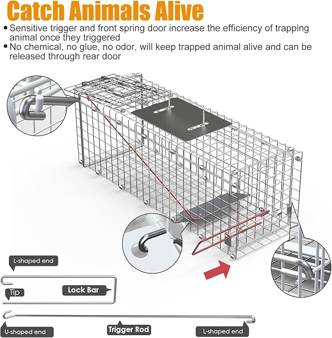 KOCASO 23.3 Live Animal Cage Trap Collapsible Galvanized Wire with Pedal Trigger Humane Trap for Stray Cats Squirrels Raccoons Mice Groundhogs (Silver)