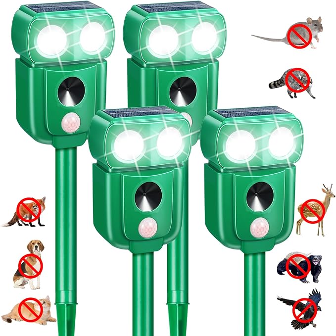 Solar Ultrasonic Animal Repellent Outdoor 4 Pack Cat Squirrel Rabbit Dog Deer Repellent Devices Skunk Coyote Raccoon Fox Deterrents Light Animal Repeller with Motion Sensor for Yard Garden (4 Green)