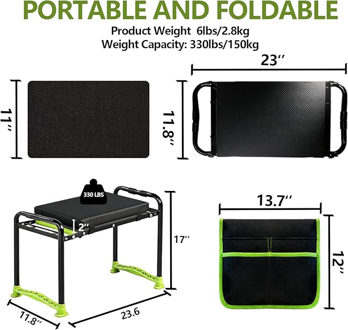 Garden Kneeler and Seat Heavy Duty Gardening Stool with 1.8 Thick Detachable Kneeling Pad Foldable Bench Chair with 2 Tool Pouches for Knee &amp Back Pain Relief for Women Men Seniors (Green)