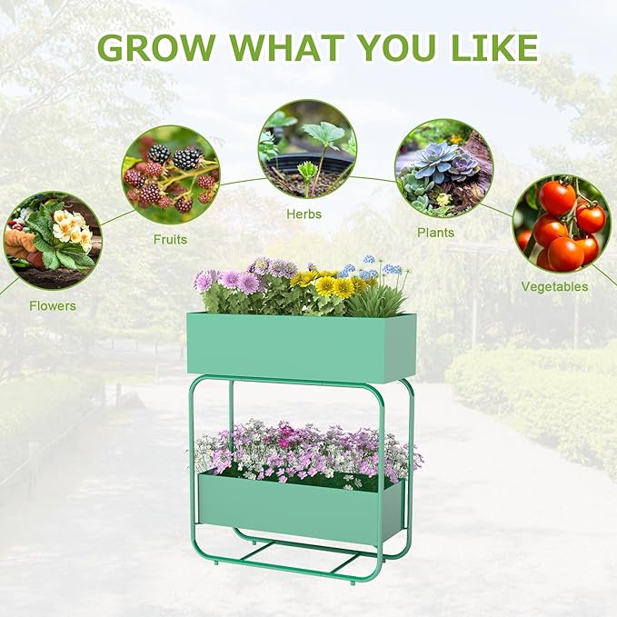 kinbor 2 Tier Elevated Raised Garden Bed Outdoor - Durable Planter Boxes for Vegetables Flowers &amp Herbs (29” Tall Rust-Resistant Steel Green)