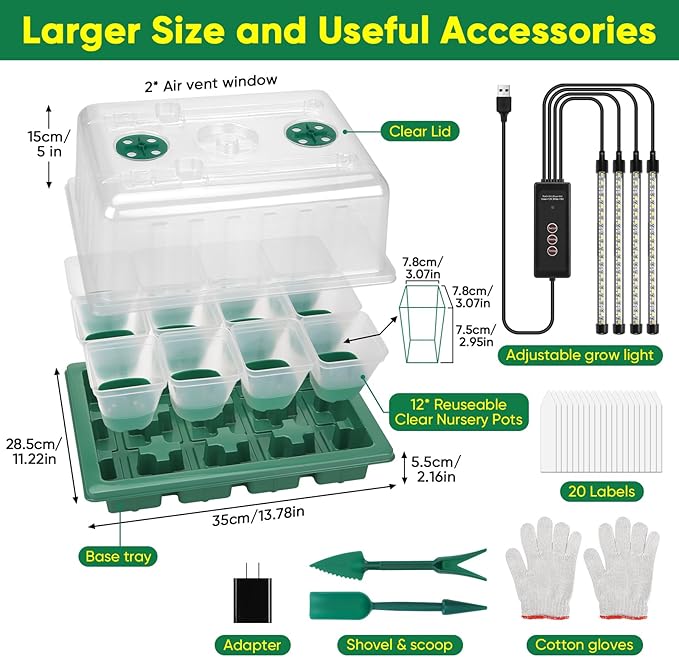 BlumWay Seed Starter Tray with Grow Light24 Pack 2.9 inch Reuseable Clear Nursery Pots with Silicone Base/Humidity Dome for Deep-Rooted SeedlingsAdjustable Timed Light Plant Starter Set
