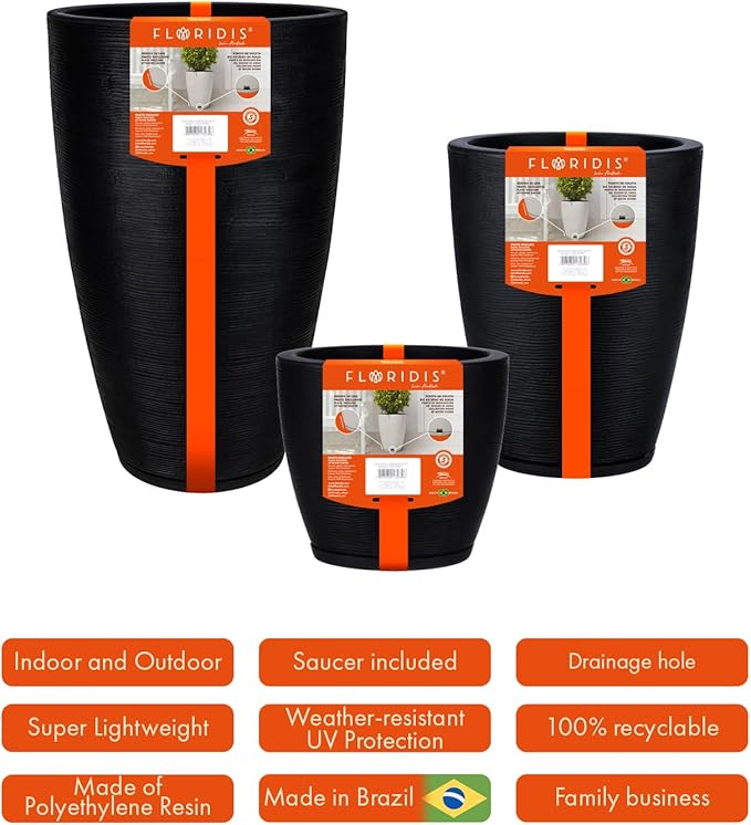 Floridis Set of 3 Black Planters for Indoor Outdoor Plants 11/17/25 Inch Plastic Plant Pots with Drainage Hole and Saucer for Patio and Front Porch