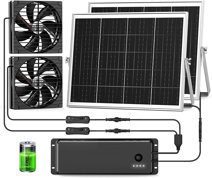 7.1 Solar Fan with Battery 25W x 2 Large Solar Powered Rechargeable Fan Outdoor Waterproof 25600 mAh Battery Exhuast or Intake Fans For Chicken Coop Greenhouse Dog Shed Ventilation Cooling