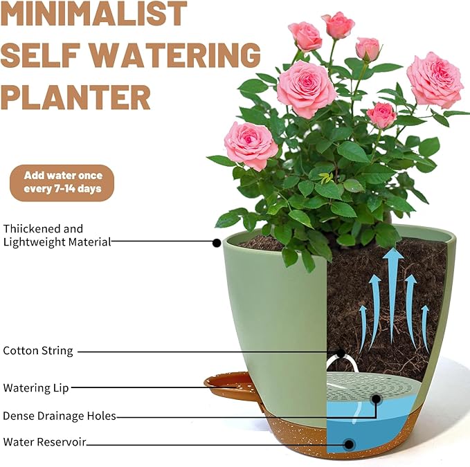 LIFFY Plant Pots 87.576.565.55 Inch Plastic Self Watering Planters with Drainage Holes &amp Saucers 7-Pack Green Nursery Planting Pot with Deep Reservoir for Indoor Outdoor Plants