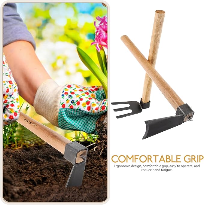 Toyvian 2pcs Garden Tool Set Wooden Handle Hoe and Steel Rake for Outdoor Gardening Digging Soil Weeding Small Handheld Tools for Flower Farming and Vegetable Planting