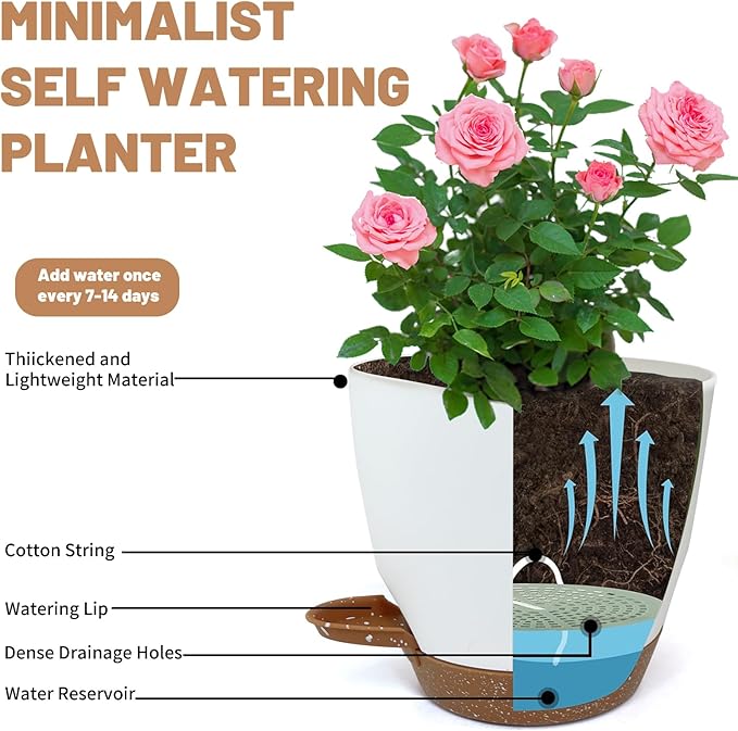 LIFFY Plant Pots 87.576.565.55 Inch Plastic Self Watering Planters with Drainage Holes &amp Saucers 7-Pack White Nursery Planting Pot with Deep Reservoir for Indoor Outdoor Plants