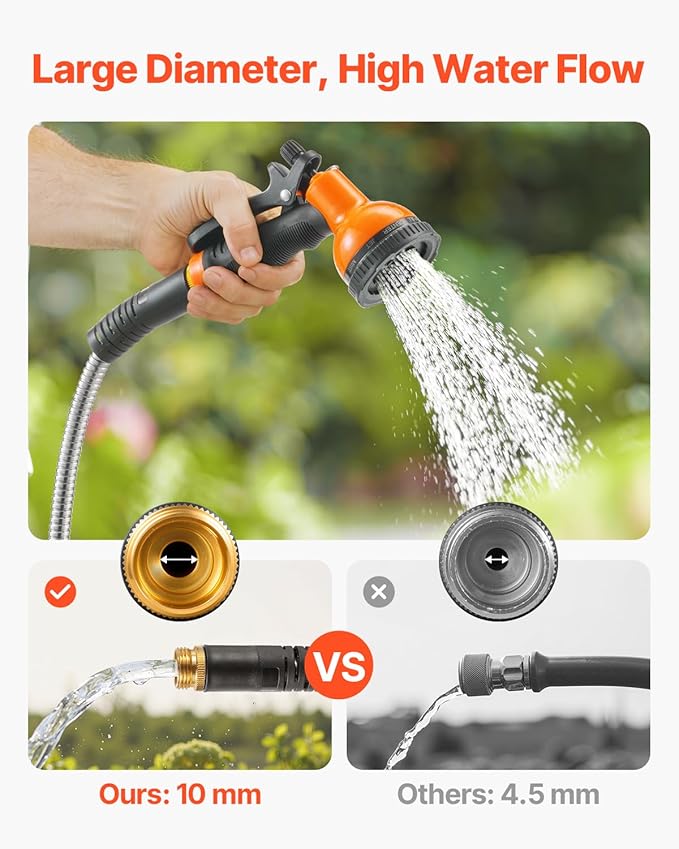 VEVOR Metal Garden Hose 200 ft Heavy Duty Stainless Steel Water Hose with 10-Function Nozzle No-Kink &amp Flexible Outdoor Garden Hose Rust-Proof Lightweight Hose for Yard RV Car Wash