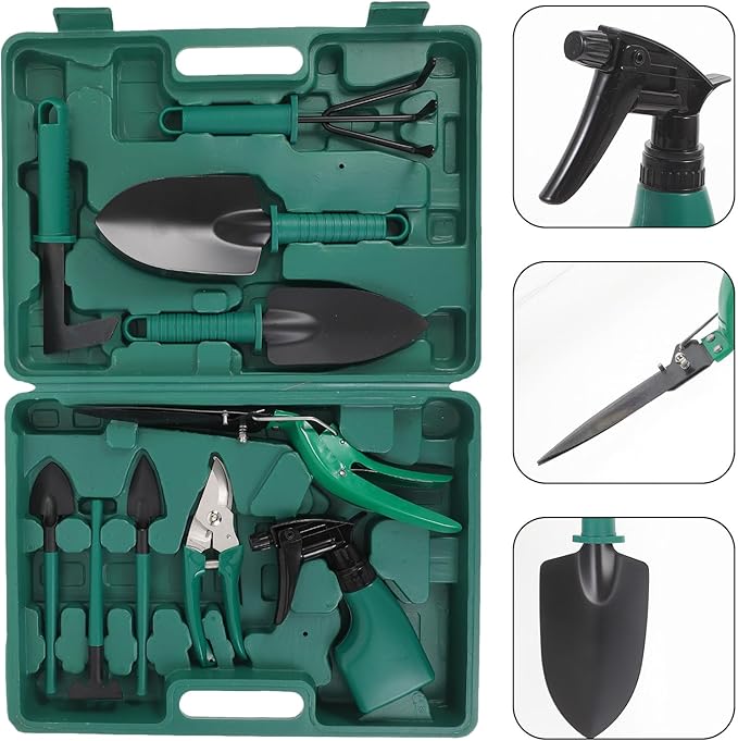 Angoily Heavy Duty Gardening Tool Set with Shovel Rake and Shears 10pcs Portable Garden Hand Tools Kit with Carrying Case for Planting and Pruning