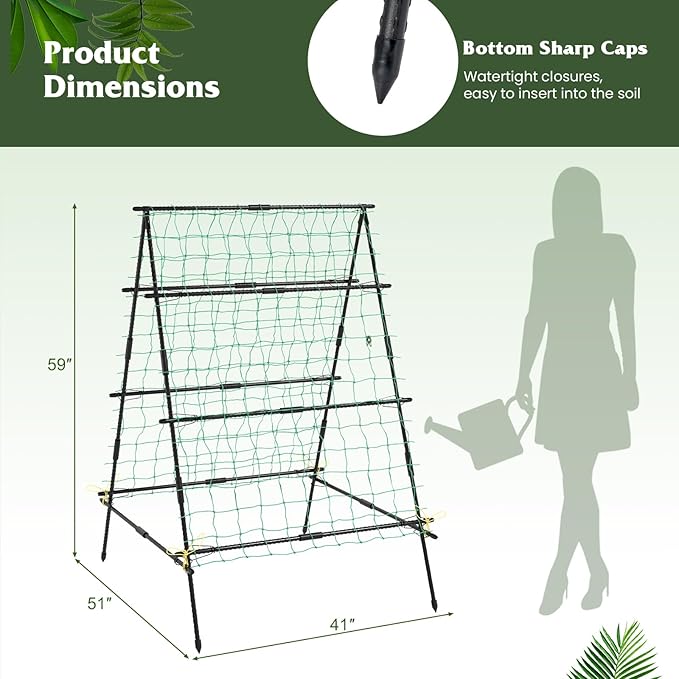 Giantex Cucumber Trellis Trellis for Climbing Plants Outdoor Garden Trellis w/Netting PE-Coated Metal Clips Plant Support for Flower Vine Grape Vegetable Fruit 41x51x59