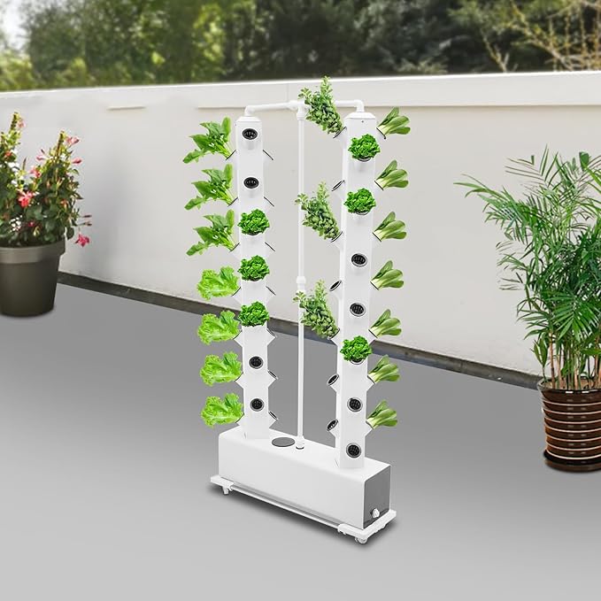 Hydroponic Growing Kit Vertical Vegetable Planter Tower Hydroponic Germination Tower with 56 Planting Holes and 4 Wheels 30L/7.93Gal Indoor Outdoor Garden Hydroponics Growing Tower System