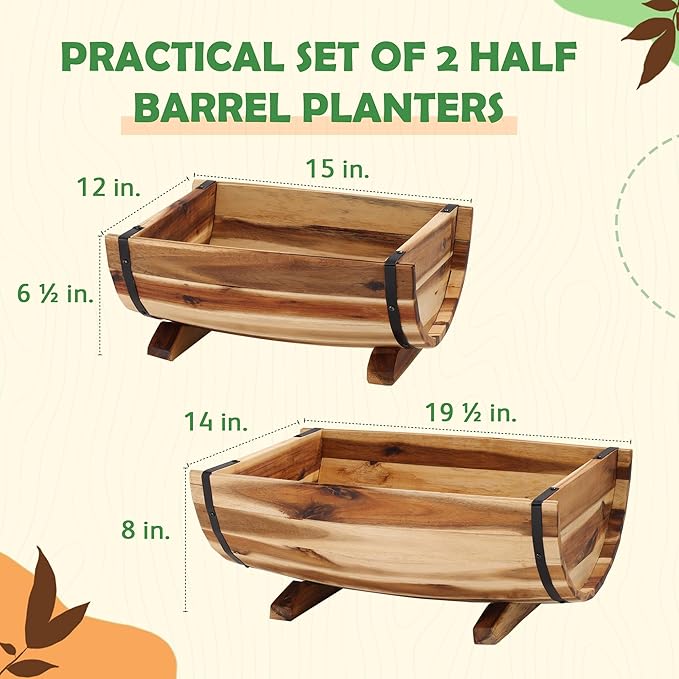 Solid Acacia Wood Half Barrel Planters Outdoor Set of 2 Different Sizes Wooden Planters for Outdoor Plants with Metal Bands &amp Drainage Holes Legs Included Natural