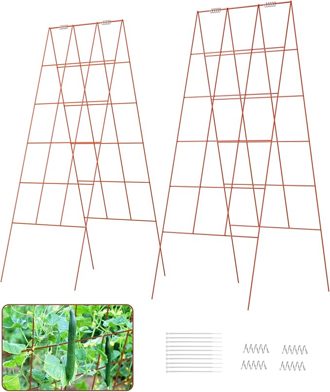 DOEWORKS Cucumber Trellis 48 High Foldable A Frame Garden Trellis 2 Pack Plant Support for Climbing Cucumber Beans Tomatoes Flowers Red