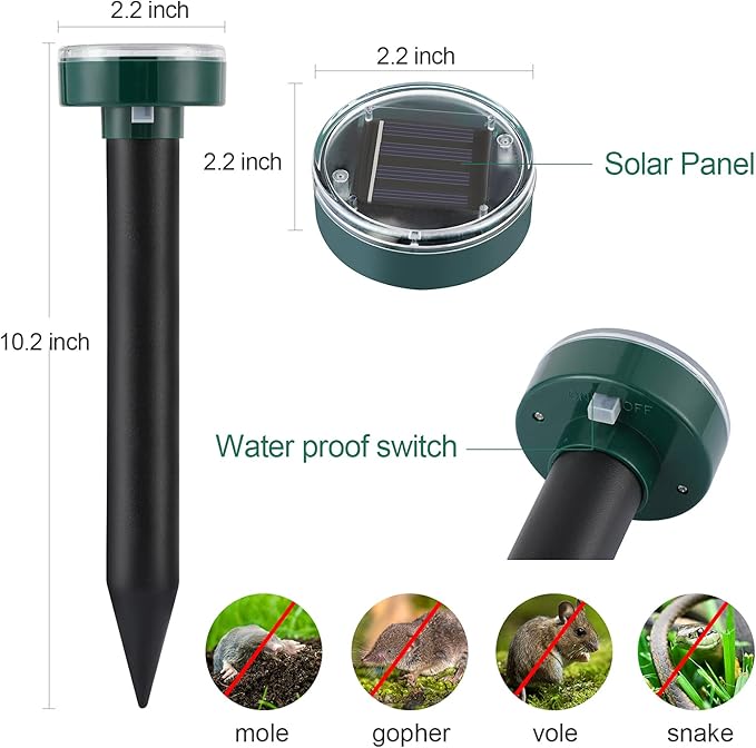 Ultrasonic Mole Repellent Solar Powered 4 Pack Sonic Mole Deterrent SpikesSnake Gopher Vole Repellent for Lawn Garden &amp YardGopher DeterrentGroundhog Repeller