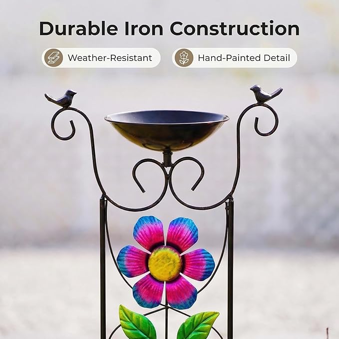 Bird Bath with Trellis Outdoor - 40 Antique Iron Free Standing with 9 Detachable Basin Spinning Flower Windmill &amp Birdfeeder Station for Garden Decor