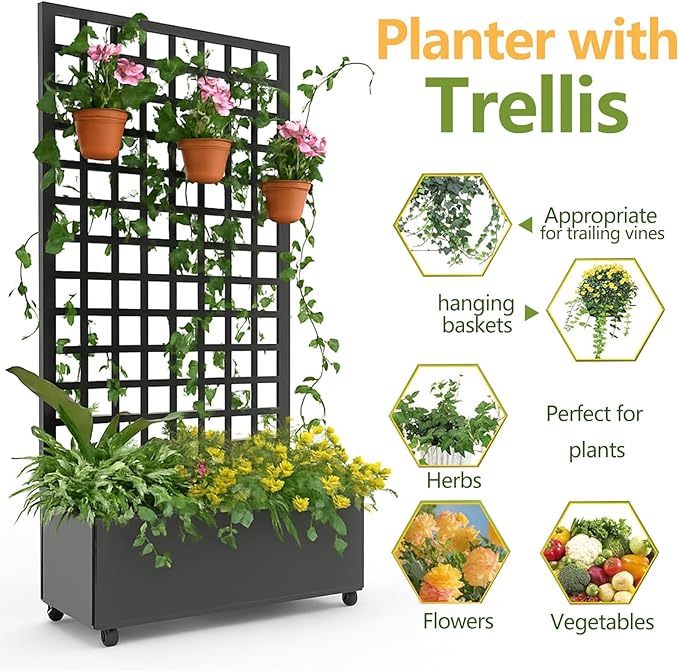 GarveeHome Metal Raised Garden Bed with Trellis and Wheels Planter Box for Climbing Plants Vegetables with Square Lattice Trellis Drainage Holes &amp Privacy Screen for Garden &amp Backyard