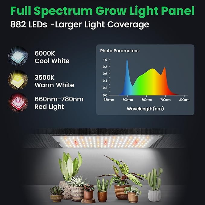 Garpsen Grow Lights for Indoor Plants 882 LEDs Full Spectrum Plant Light with 5 Dimmable Levels &amp 3 Color Modes Grow Lamp with Auto Timer 6/12/16H for Under Cabinet Plant &amp Plant Stand(6Pane