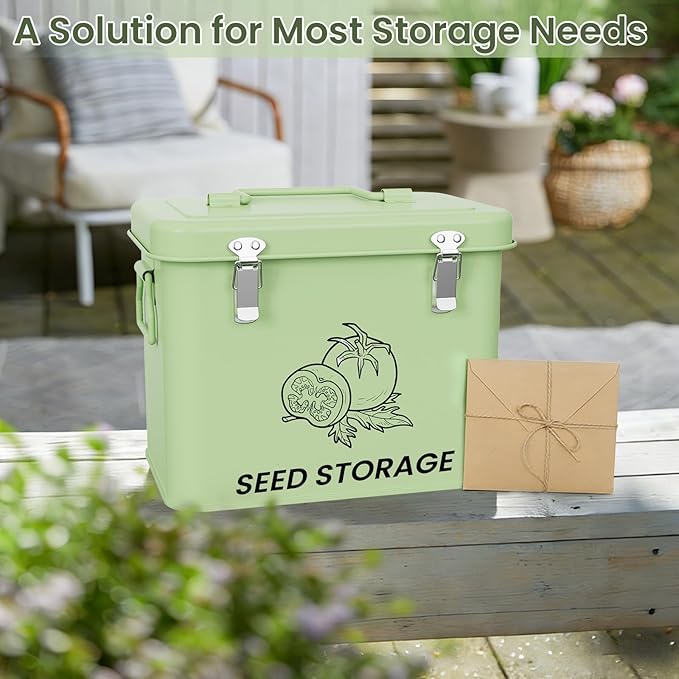 Seed Storage Organizer Box Metal Seed Box Garden Seed Organizer with Lid Seed Containers Storage with 3 Compartments 30 Seed Holder Organizers 50pcs Seed Envelopes (Green)
