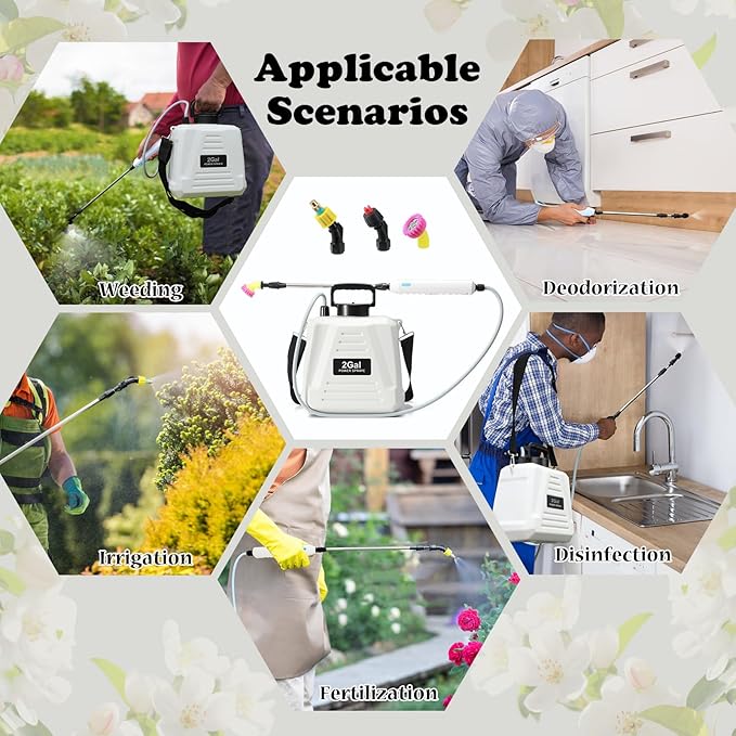 Battery Powered Sprayer 2 Gallon Powerful Electric Garden Sprayer with 3 Mist Nozzles USB Rechargeable Handle Retractable Wand and Adjustable Shoulder Strap for Irrigation Weeding (White)