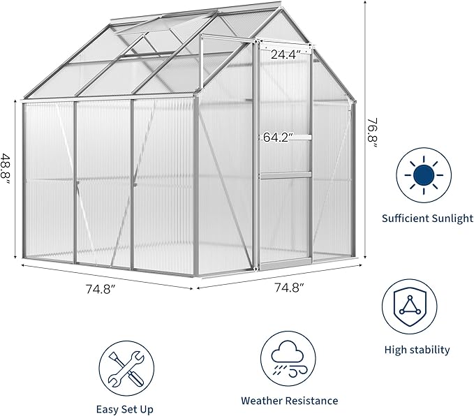 GarveeHome 6x6 FT Walk-in Greenhouse Large Polycarbonate Green House with Sliding Door &amp Adjustable Roof Vent Heavy-Duty Weatherproof Outdoor Greenhouse for Patio Backyard Garden