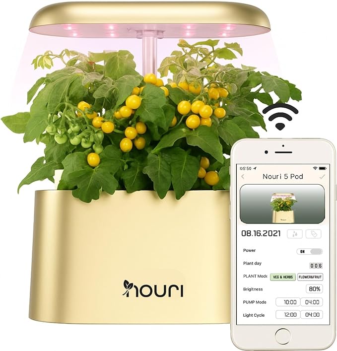 Nouri 5 Pod APP Smart Garden for Home Cooks with Heirloom Basil | Hydroponics Growing System Kit | LED Grow Lights | Indoor Gardening System | Herb Garden Planter Indoor Kit | Gifts for Women &amp Me