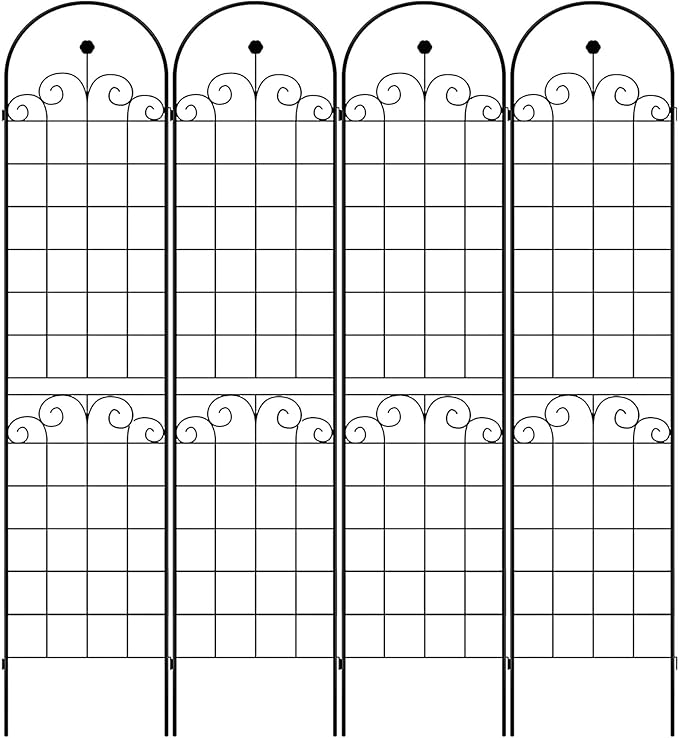 Metal Garden Trellis for Climbing Plants Black 4 Pack Connectable 19.7 x 86.7 Each Panel 80 Total Length Galvanized Tube with Rose Decoration
