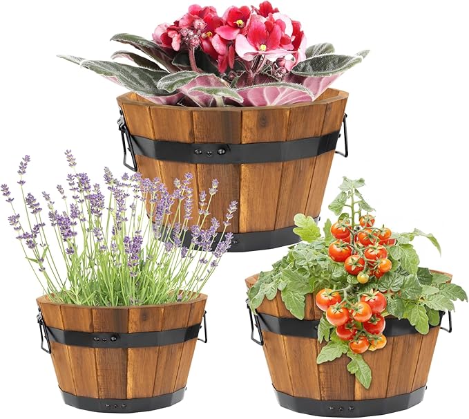 Idzo Set of 3 Wooden Upgraded Brown Orange Flower Boxes Outdoor Durable Acacia Wood Barrel Planters for Outdoor Plants with Ergonomic Handles Drainage Holes Multiple Sizes Wood Bucket Planter