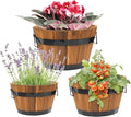 Idzo Set of 3 Wooden Upgraded Brown Orange Flower Boxes Outdoor Durable Acacia Wood Barrel Planters for Outdoor Plants with Ergonomic Handles Drainage Holes Multiple Sizes Wood Bucket Planter